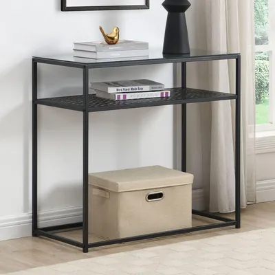 Zdjęcie produktu dla WOHNLING Stolik konsolowy Szkło Metal 80x40x77 cm Stolik do przedpokoju Czarny Wąski stolik do przedpokoju z szklanym blatem i metalową ramą Stolik szklany