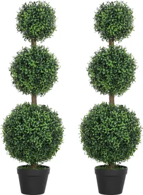 Image de HOMCOM Lot de 2 arbres artificiels 101,6 cm plantes artificielles PE 3 boules de buis topiaires fausse plante vert avec pot en plastique rempli de ciment décoration intérieure et extérieure
