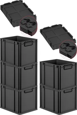 Produktbild von SuperSparSet 5x Eurobox NextGen Color mit Scharnierdeckel und Schiebeschnappverschlüssen | HxBxT 32x30x40cm | 30 Liter | Schwarz | Griffe schwarz geschlossen | Glatter Boden | Eurobehälter, Transportbox, Transportbehälter, Stapelbehälter