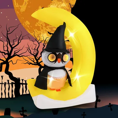Produktbild von GOPLUS 155 cm LED Halloween Deko, beleuchtete Eule zum Aufblasen mit Hexenhut, Halloween Dekoration Outdoor mit LED-Lichtern für Halloweenparty