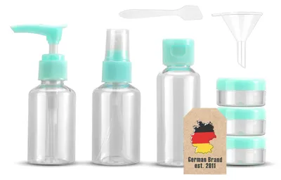 Immagine prodotto di Set di bottiglie Intirilife in BLU TRASPARENTE - Set multipezzo con bottiglie vuote, contenitori, imbuto per il riempimento, per i viaggi, per i campioni ecc. Bagaglio autorizzato TSA