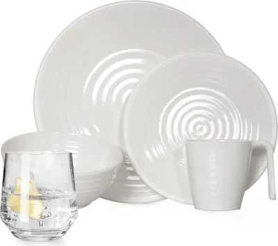 Produktbild von Melamin Camping Geschirr Set 4 Personen Crema Design 16 Teilig + Milano Gläser Wassergläser Tafelgeschirr Picknick BBQ Kochgeschirr