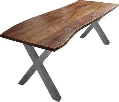 Produktbild von Esszimmertisch 240x100 cm Xanten, Baumkantentisch nussbaumfarben, Akazienholz massiv, X-Gestell aus Metall Silber