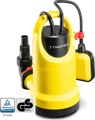 A yellow and black submersible pump with a float switch and a hose adapter, shown against a white background. Certification logos are visible in the bottom left corner.