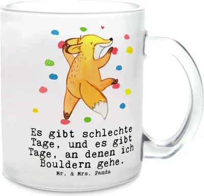 Produktbild von Mr. & Mrs. Panda Haferl Fuchs Bouldern - Transparent - Geschenk, Boulderhalle, Pott, Klettern, Teetasse Glas, Trinkglas, Tee Tasse, Kletterhalle