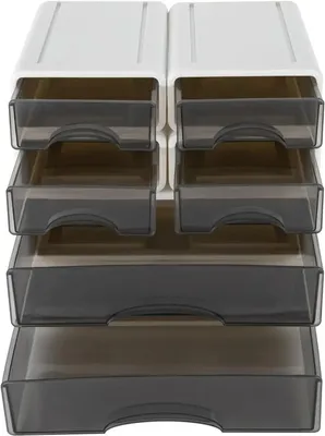 Obrázok produktu pre Organizér do zásuviek z plastu – Organizér na stôl – 2 veľké + 4 malé zásuvky – Stohovateľný – Odolný plast – Do kancelárie a školy – Biely