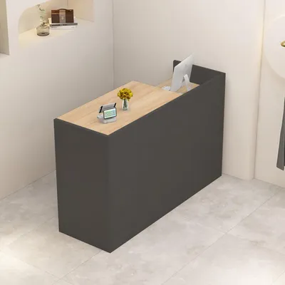 Obrázok produktu pre Pult, recepčný pult, predajný pult, drevený s úložným priestorom, 90 x 50 x 100 cm, sivá/drevený vzhľad