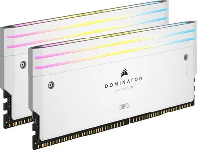 Two white RAM modules with RGB lighting on top, shown from a diagonal angle against a white background.