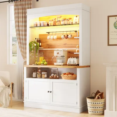Produktbild von Flieks Flieks Küchenschrank mit LED-Beleuchtung und offenes Regal, Highboard 107x43x184cm, Hochschrank, Weiß