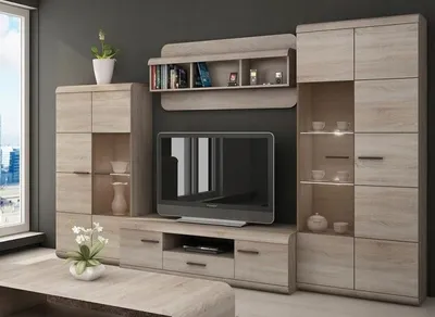 Produktbild von Wohnwand LINK mit TV-Regal, 2 Vitrinen und Wandregal, Sonoma Eiche