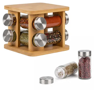 Immagine prodotto di Relaxdays, carosello per spezie, 8 contenitori per spezie, porta spezie rotante a 360°, dimensioni: 15x17x17 cm, bambù, scaffale per spezie, colore naturale