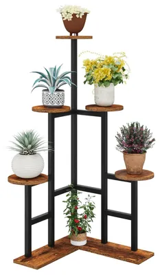 Image de Support à plantes en bois à 4 étages, support à fleurs, hauteur 108 cm, étagère à fleurs, étagère pour plusieurs plantes, brun rustique TMJ072H
