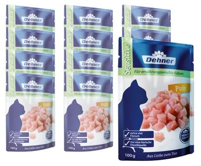 Productafbeelding van Dehner Premium Kattenvoer Sensitive, natvoer, speciaal voor katten met een gevoelige maag, met kalkoen, 12 zakjes van 100 gram (1,2 kg)