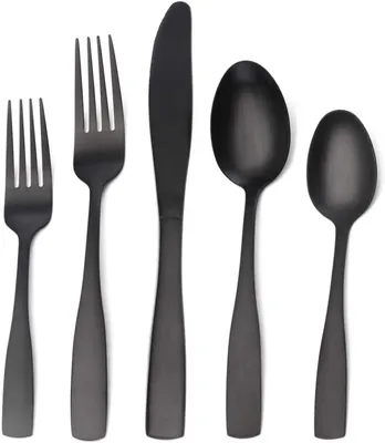 A set of black matte silverware arranged on a white background.