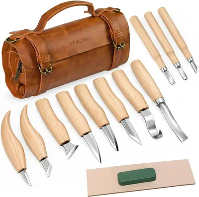 Image de Set de couteaux de sculpture sur bois, 14 pièces, en bois naturel, avec étui en cuir synthétique, pour la sculpture sur bois