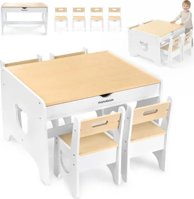 Produktbild von Mamabrum Kindertisch mit 4 Stühlen Bär – Weiß/Natur, großer Holztisch mit 2 Schubladen, Kinder Möbelset aus MDF, ab 3 Jahren