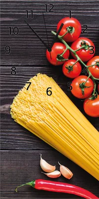 Produktbild von Wallario Design Wanduhr Italienisches Menü mit Spaghetti, Tomaten, Salz und Chilischoten aus Echtglas, Größe 30 x 60 cm
