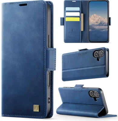 Image de Étui en cuir pour iPhone 17, protection RFID, fermeture magnétique, fentes pour cartes et support Bleu