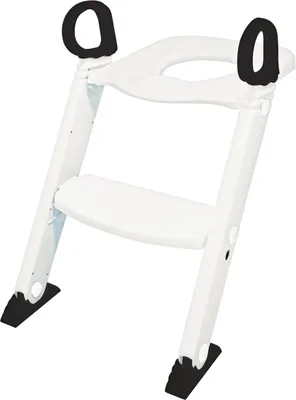A white plastic baby potty training step stool with black handles and feet, shown from a diagonal angle against a white background.