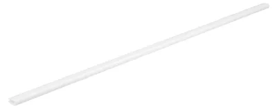 A white, thin, rectangular object, likely a glass shelf support or trim, is shown diagonally against a white background.