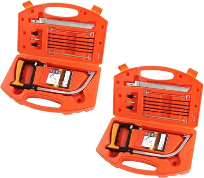 Produktbild von 2 x 12 in 1 Hand Bügelsäge Set mit Koffer | multifunktions Handsäge für Camping & Outdoor mini Universal Drahtsäge Kappsägen für Metall, Kunststoff, Glas, Fliesen & Holz Laubsäge Sägebogen | Kurzsäge