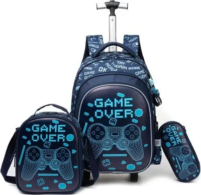 Productafbeelding van HTgroce 3-in-1 schooltrolleyrugzak voor meisjes en jongens - basisschool met wielen, tas en pennenzak, L