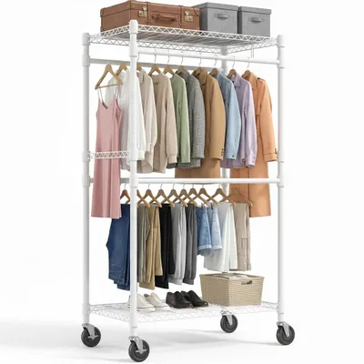 Image de Porte-vêtements robuste sur roulettes, capacité de charge de 254 kg, 4 barres de suspension et 2 étagères, armoire mobile réglable, 90 x 204 cm, blanc