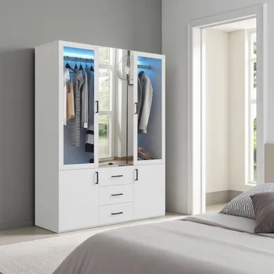 Productafbeelding van INONEFT Kledingkast met spiegel, moderne garderobekast met 2 deuren en 4 lades, kast voor slaapkamer of tienerkamer, 130x180x51,8 cm, wit