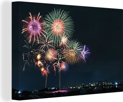 Produktbild von OneMillionCanvasses® - Leinwandbilder - 140x90 cm, Ein Bild vom Feuerwerk in einer Stadt während der Silvesternacht, Wandbilder Kunstdruck Wanddekoration - Foto auf Leinwand -