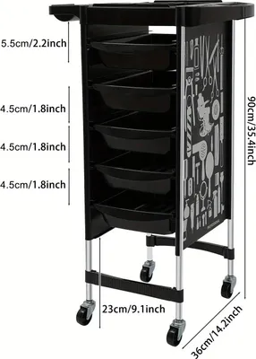 Produktbild von Friseurwagen - Salontrolley mit 5 Schubladen - Tragkraft 80 kg - Klappbare Oberablage - Metall/PP/Edelstahl - Schwarz