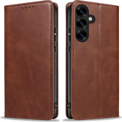 A brown leather flip case for a smartphone is shown from two angles.