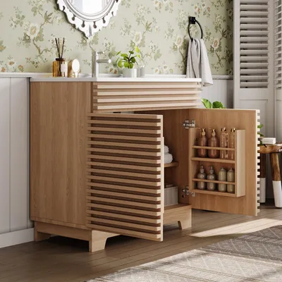 Produktbild von Freistehender Badezimmerwaschtisch Natur 91x46x86,5 cm mit integriertem Waschbecken, Doppeltüren mit Soft-Close, Regalen & hohen Beinen