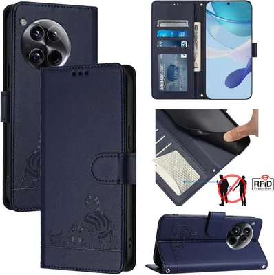 Produktbild von Leder Hülle für OnePlus 12 Süße Katze Flip Case Brieftasche Schutzhülle mit Standfunktion Blau