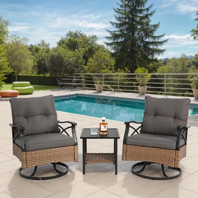 Produktbild von Outdoor drehbare Schaukelstühle Set 3 Stück mit 1 Tisch und 2 Schaukelstühle Unterstützung 350lbs Braun Wicker Outdoor Möbel Patio Gesprächssatz