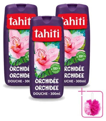 Immagine prodotto di 3 flaconi di bagnoschiuma Tahiti all'orchidea - vegano - 300 ml ciascuno - confezione risparmio - 3 pezzi