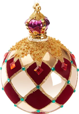 Image de BRUBAKER Premium Boule de Noël Royal King - Boule d'arbre royale or rouge - Carreaux avec velours, paillettes et couronne