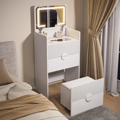 Imagen del producto de Mesa de maquillaje UnboxG con espejo LED y taburete con ruedas, mesa de tocador con iluminación regulable, 2 cajones y espacio de almacenamiento, mesa de cosméticos blanca y compacta para el dormitorio