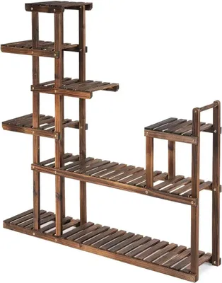 Zdjęcie produktu dla Drewniana półka na kwiaty – stojak na rośliny 7 poziomów – 7 półek – 120×25×120 cm – do ogrodu/tarasu/wnętrz – wymaga montażu – brązowy