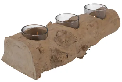 Produktbild von Kerzenleuchter aus Wurzelholz - mit 3 Kerzengläsern, Creme-weiß, Treibholz,Glas, 8*30*12 cm, Teelichthalter & Kerzenhalter