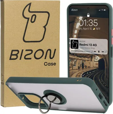 Produktbild von Bizon Case Hybrid Ring Fingerringhülle für Xiaomi Redmi 13 4G, Rauch mit dunkelgrünem Rahmen