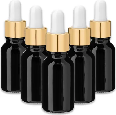 Produktbild von 5x Schwarze Glasflasche 15 ml mit goldener Pipette Tropfer leer für Öl
