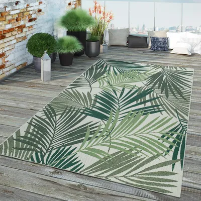 Produktbild von TT Home In-& Outdoor Teppich Wetterfest Balkon Küche Wohnzimmer Palmen Muster Modern Größe 140x200 cm