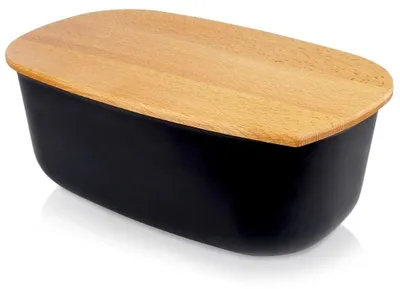 Obrázok produktu pre Krabica na chlieb s bambusovou doskou – plast – 39 x 23,5 x 15,5 cm – čierna