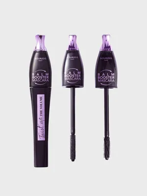 Three tubes of Bourjois Balm Booster Mascara are displayed against a light gray background. One tube is closed, while the other two show the mascara wand extended.