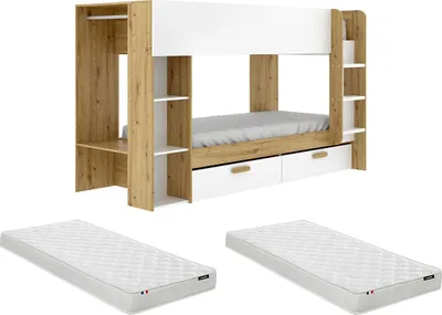 Produktbild von Etagenbett 2 x 90 x 200 cm mit Stauraum und Kleiderschrank - Weiß und natürlich + Matratze - OSANA