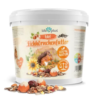 Produktbild von Ida Plus Edel Eichhörnchenfutter - artgerechtes Eichhörnchen Futter - perfekt ausgewogen - Ganzjahres Futter für Eichhörnchen im praktischen Eimer - auch für Streifenhörnchen - 1 kg