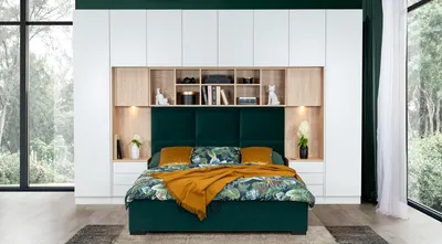 Produktbild von Casa Padrino Luxus Schlafzimmer Möbel Set Matt Weiß / Naturfarben / Grün / Schwarz - Doppelbett mit Schlafzimmerschrank - Hotel Möbel - Schlafzimmer Möbel - Luxus Möbel - Luxus Einrichtung