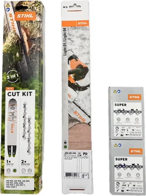 A collection of Stihl chainsaw accessories, including a cut kit and chains, displayed against a white background.