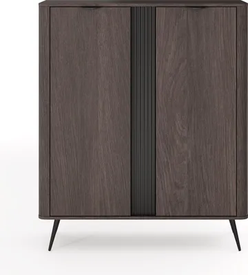 A front view of a dark brown wooden cabinet with a black ribbed vertical accent.