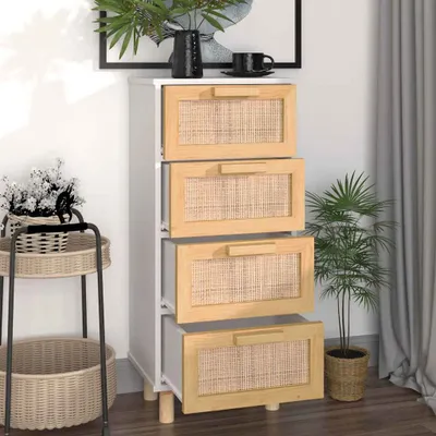 A white and wood sideboard with rattan drawers is shown in a room setting with plants and curtains.